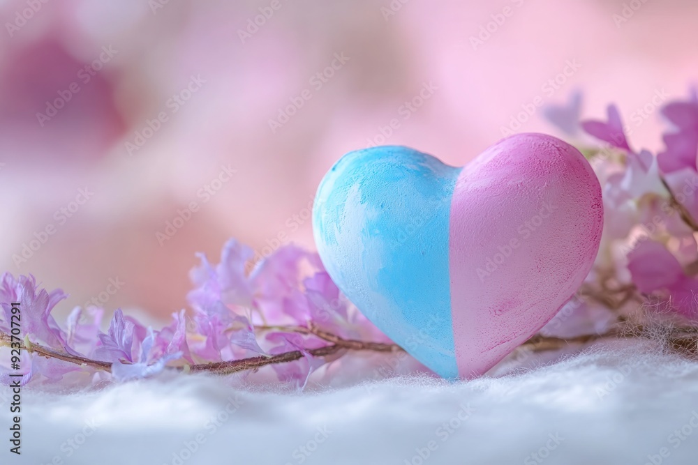 Pink and Blue Heart on a Fuzzy White Surface with Purple Flowers Pink and Blue Heart on a Fuzzy White Surface with Purple Flowers