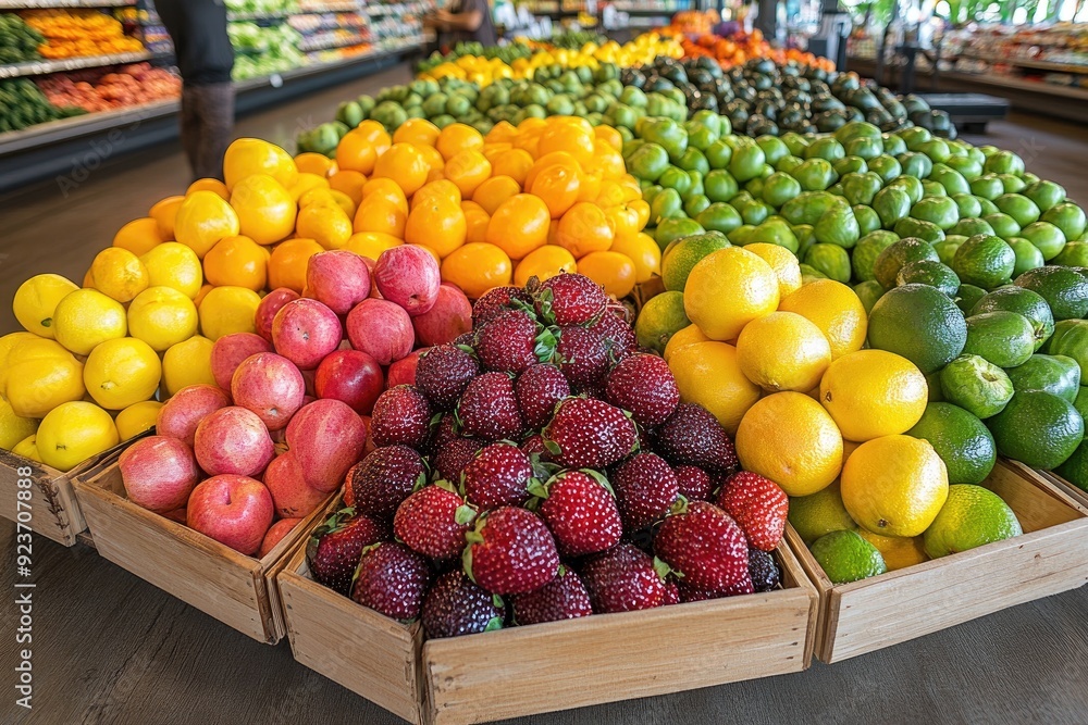 A Colorful Display of Fresh Fruit in Wooden Crates A Colorful Display of Fresh Fruit in Wooden Crates