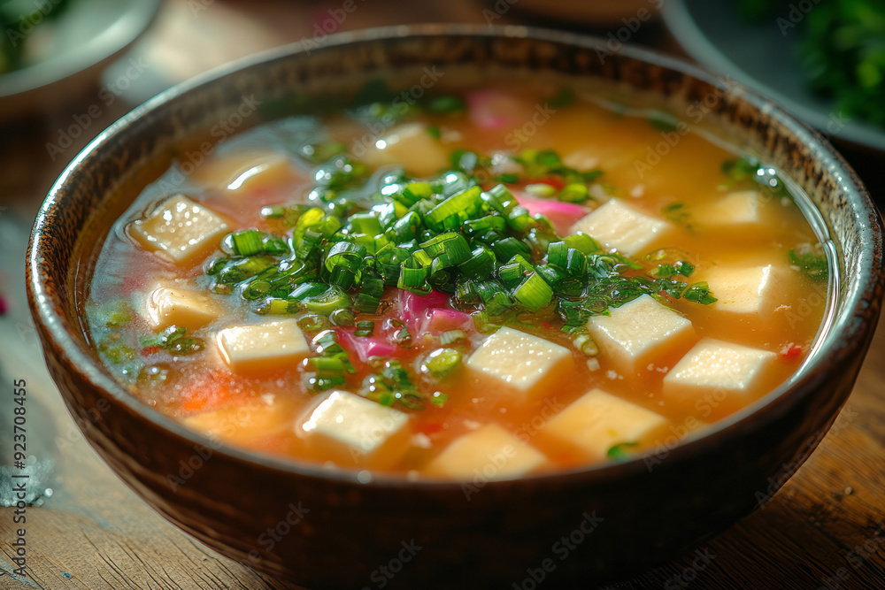 A serene, pastel-colored scene with a bowl of algae-infused miso soup, garnished with green onions and tofu cubes, A serene, pastel-colored scene with a bowl of algae-infused miso soup, garnished with green onions and tofu cubes,