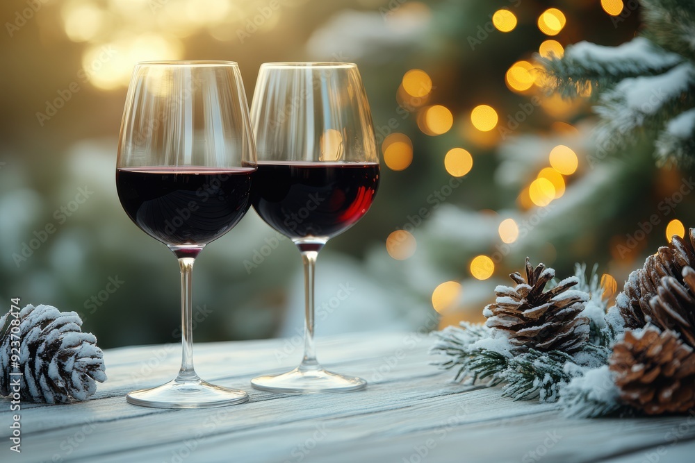Two Red Wine Glasses on a Snowy Winter Table with Holiday Lights Two Red Wine Glasses on a Snowy Winter Table with Holiday Lights