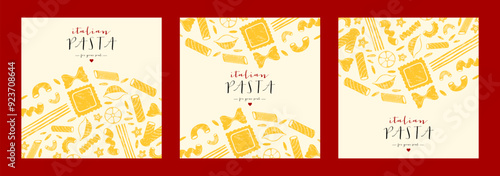 Italian pasta frame backgrounds set. Different types of Italian pasta. Spaghetti, farfalle, penne, rigatoni, ravioli, fusilli, conchiglie, elbows, rotelle, orzo, paccheri illustration.