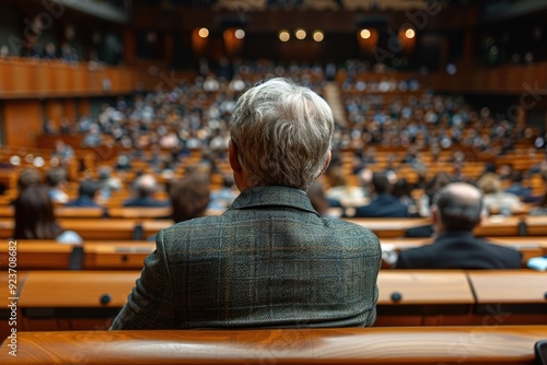 A Man Sitting in a Lecture Hall with a Large Audience in the Background