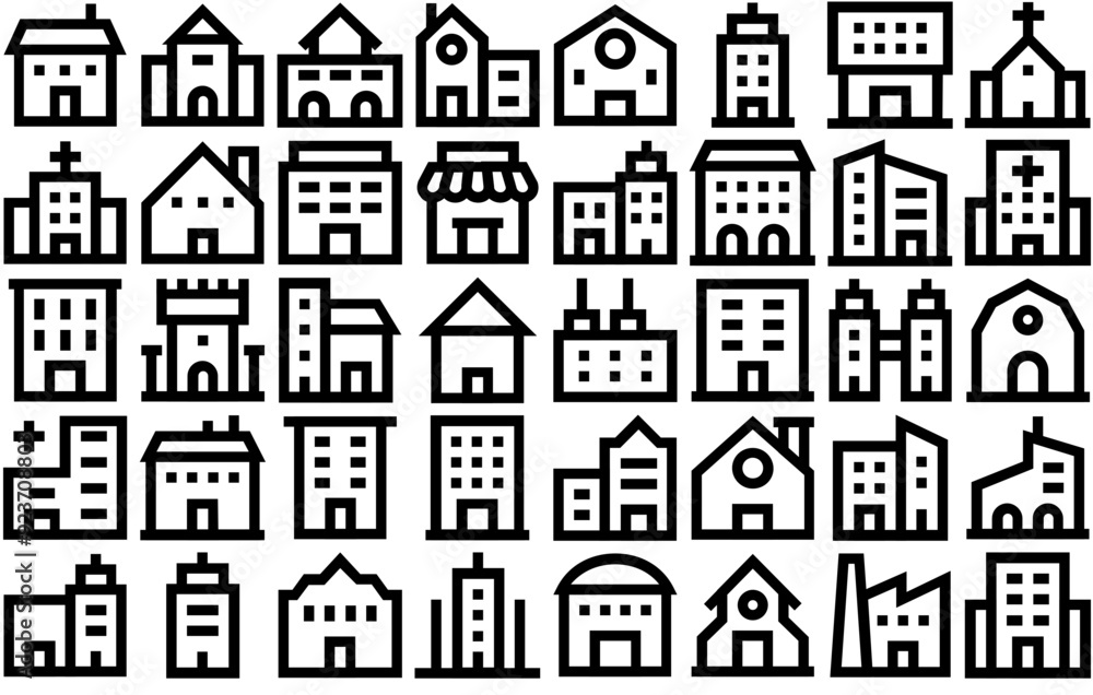 A Collection Of Buildings Line Icons Collection Isolated Silhouette Solid Icons Including Apartments,Real-Estate,Flats,Building,Trade-Center Stroke Icon Collection. Vector Illustration A Collection Of Buildings Line Icons Collection Isolated Silhouette Solid Icons Including Apartments,Real-Estate,Flats,Building,Trade-Center Stroke Icon Collection. Vector Illustration