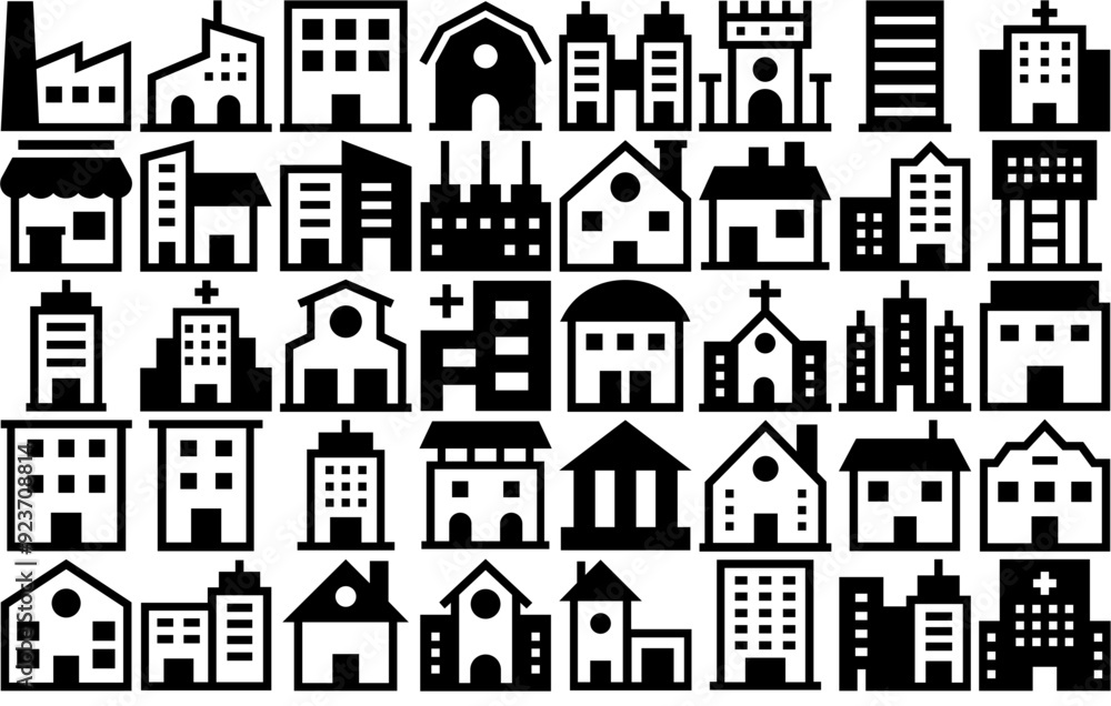 Obraz premium Set Of Buildings Glyph Isolated Silhouette Solid Icons With Building,Real-Estate,Trade-Center,Apartments,Flats Stroke Icon Collection. Vector Illustration
