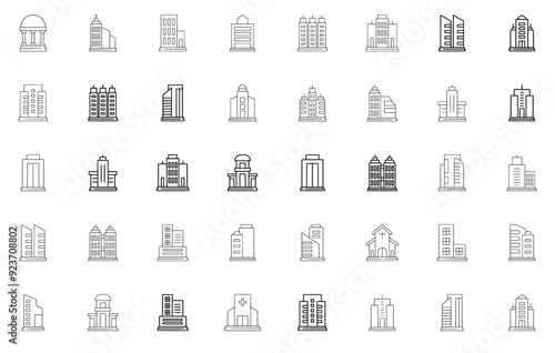 Set Of Linear Buildings Icons Web Header Banner Design Containing City,Building,Architecture,Office,Company Vector Icon Set Linear Pictogram Pack