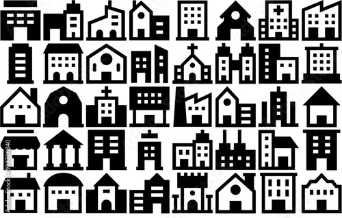 Set Of Linear Buildings Glyph Icons Silhouette Vector Logo Design Containing Building,Real-Estate,Apartments,Trade-Center,Flats Set Vector Flat Line Icons