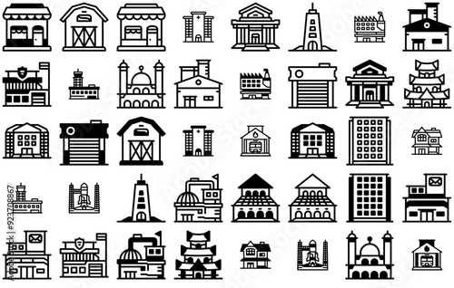 Set Of Linear Building Vector Symbols Apps, Websites Ui Designs Suitable For Production,Architecture,Industry,Building,Factory Simple Black Style Symbol Sign For Apps And Website, Vector Illustration