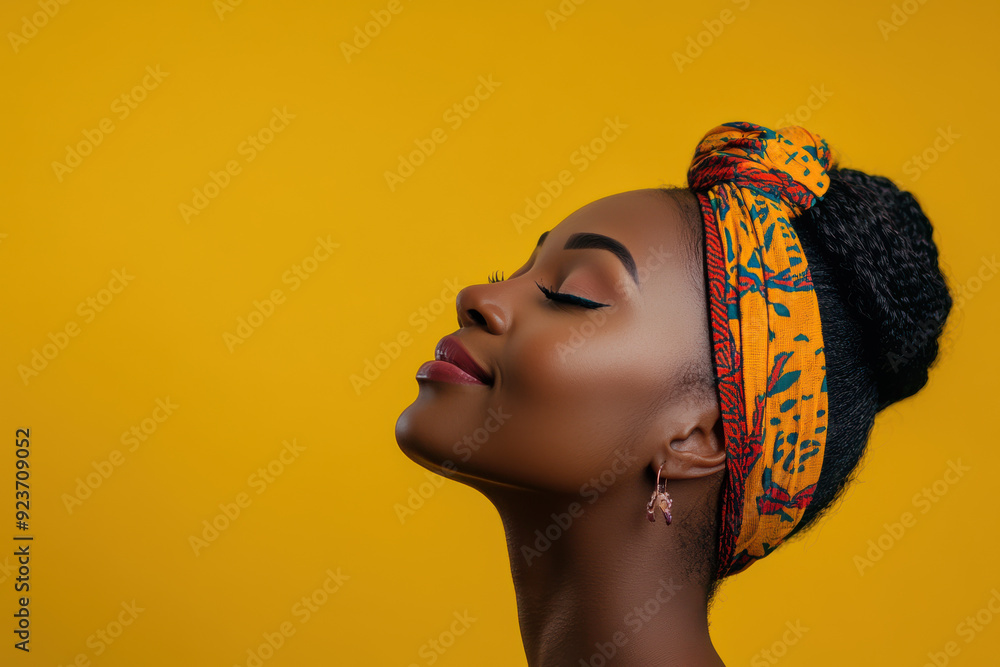 Naklejka premium A close up of a black woman's face with her eyes closed