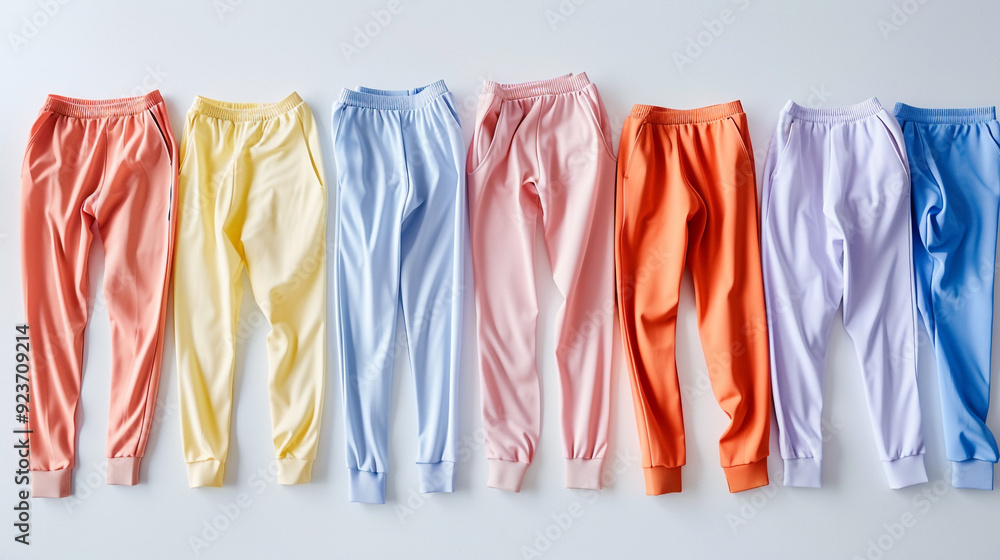 A row of colorful pants are displayed on a white background. The pants are arranged in a line, with each pair varying in color and style. A row of colorful pants are displayed on a white background. The pants are arranged in a line, with each pair varying in color and style.