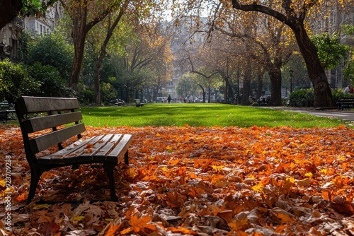 A Park Bench Surrounded by Fall Leaves