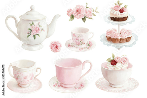 Vintage tea party illustration, featuring a porcelain teapot, floral teacups, lace doilies, and a tiered cake stand, all in soft pinks and creams, elegantly arranged. photo