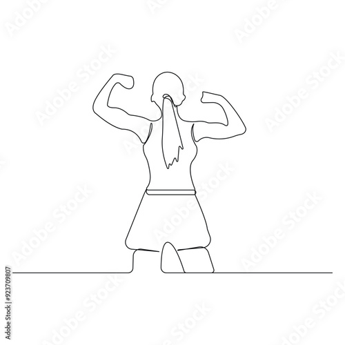 Woman showing her muscle back side view continuous line art drawing. Vector illustration.