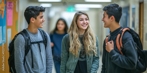 Catching up in the hallway. Three high school students walk and talk together in the school hallway between classes.