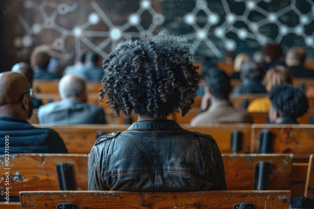 A Woman with Curly Hair Sits in a Wooden Bench in a Lecture Hall A Woman with Curly Hair Sits in a Wooden Bench in a Lecture Hall