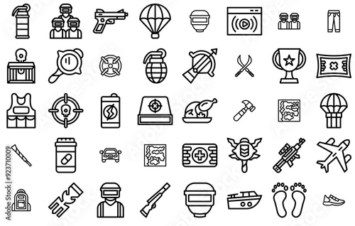 Set Of Battle Royale Icons Collection Isolated Silhouette Solid Icons Including Game,Weapon,Transport,Gun,Rifle Set Vector Flat Line Icons