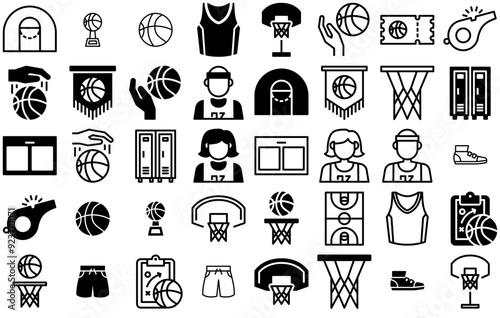 A Collection Of Basketball Vector Symbols Apps, Websites Ui Designs Suitable For Basketball,Team,Sport,Game,Competition Vector Icons Illustration Collection