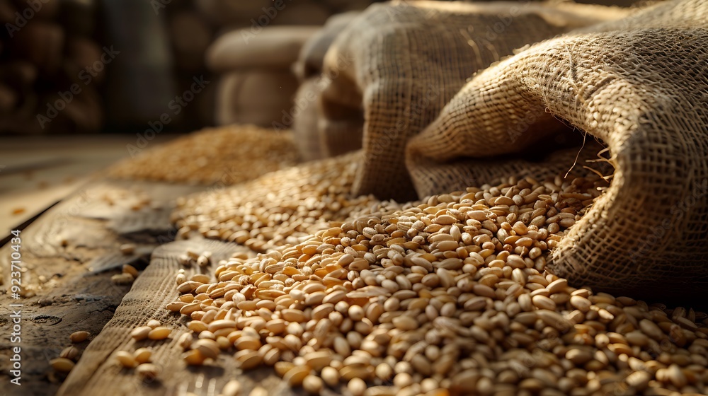 A serene scene of burlap sacks overflowing with grains onto a rustic wooden floor, with soft natural light creating subtle shadows and highlights, capturing the rustic charm and textures. Realistic, A serene scene of burlap sacks overflowing with grains onto a rustic wooden floor, with soft natural light creating subtle shadows and highlights, capturing the rustic charm and textures. Realistic,