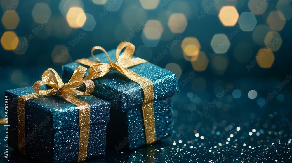 An image of defocused blue holiday gift boxes with gold bows An image of defocused blue holiday gift boxes with gold bows