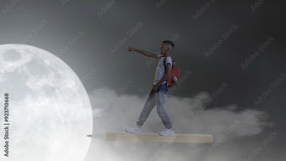 Naklejka premium Young boy hovering on a pencil against the background of the moon