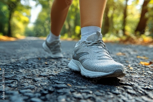 Close-up of a Runner's Foot in Grey Sneakers on a Paved Path