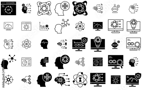 Set Of Linear Artificial General Intelligence Isolated Silhouette Solid Icons With Quantum-Computing,Programming,Artificial-Intelligence,Agi,Technology Vector Illustration Linear Pictogram Pack