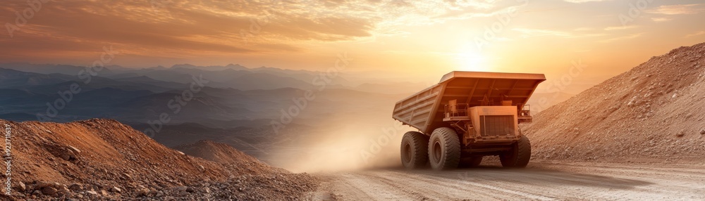 A large dump truck traverses a dusty mining site at sunset, showcasing industrial progress against a dramatic landscape. A large dump truck traverses a dusty mining site at sunset, showcasing industrial progress against a dramatic landscape.