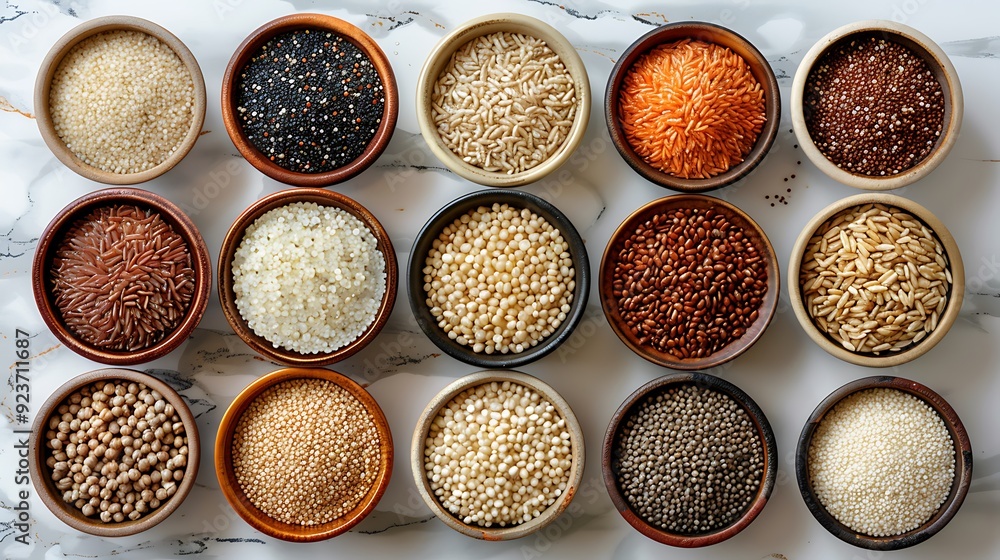 A top-down view of various grains such as rice, barley, and quinoa displayed in beautifully crafted ceramic bowls, arranged in an artistic pattern on a white marble surface. Bright, A top-down view of various grains such as rice, barley, and quinoa displayed in beautifully crafted ceramic bowls, arranged in an artistic pattern on a white marble surface. Bright,