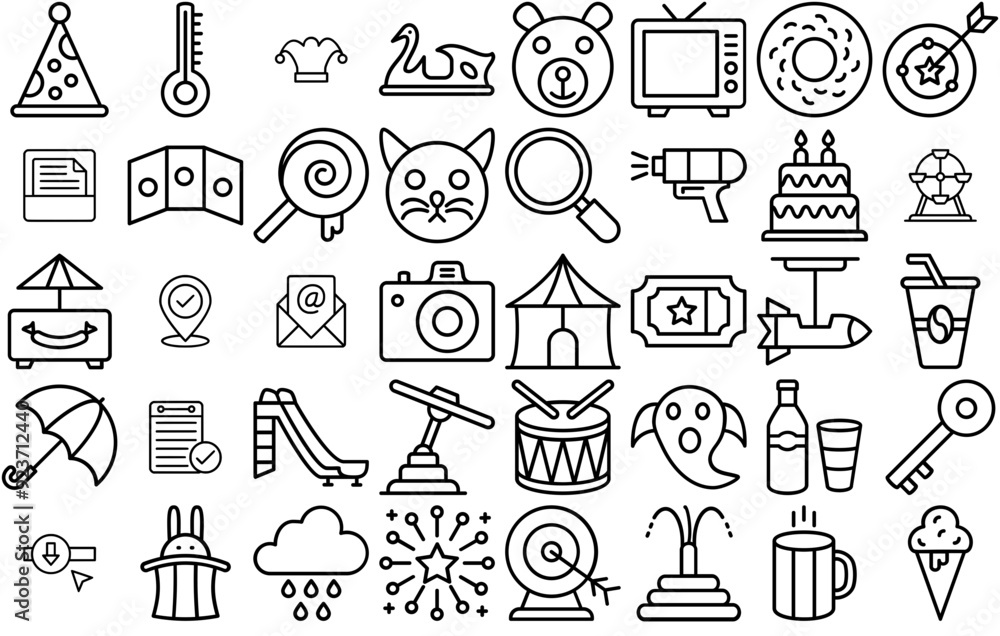 A Collection Of Amusement Park Line Icons Isolated Silhouette Solid Icons With Kids-Swing,Outdoor-Swing,Amusement-Park,Kids-Fun,Kids-Amusement Solid Icon Collection. Vector Illustration A Collection Of Amusement Park Line Icons Isolated Silhouette Solid Icons With Kids-Swing,Outdoor-Swing,Amusement-Park,Kids-Fun,Kids-Amusement Solid Icon Collection. Vector Illustration