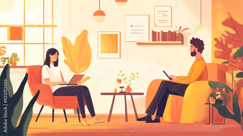 Two people sitting in a cozy, well-lit living room, working or reading on their devices, surrounded by plants and modern decor. Two people sitting in a cozy, well-lit living room, working or reading on their devices, surrounded by plants and modern decor.