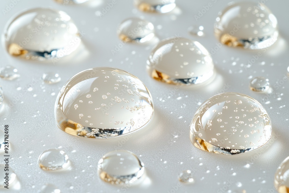 Close-up of Water Droplets with Air Bubbles on a White Surface Close-up of Water Droplets with Air Bubbles on a White Surface