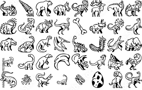 Mega Set Of Vector Ancient World Vector Symbols Apps, Websites Ui Designs Suitable For Jurassic,Dino,Prehistoric,Dinosaur,Fossil Vector Icon Set Linear Pictogram Pack