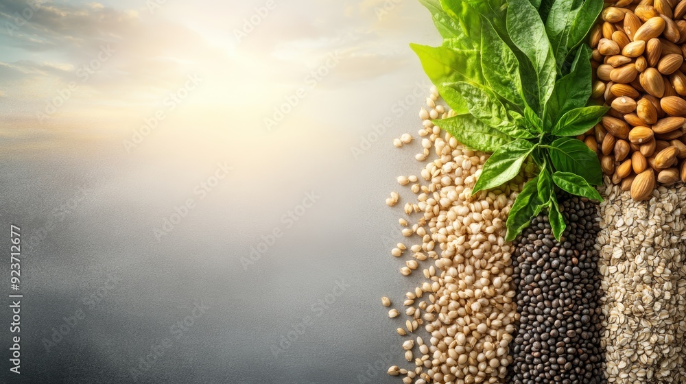 Fototapeta premium A vibrant assortment of seeds and herbs showcasing nature's bounty against a serene, sunlit backdrop.