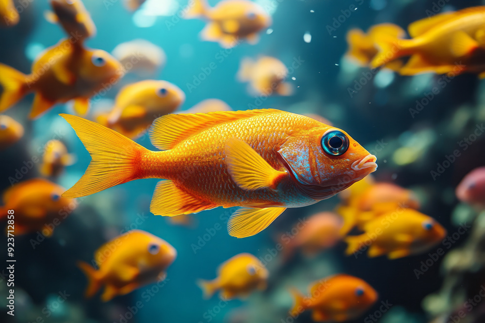 A school of fish of different species swimming together in the same direction, symbolizing unity in the natural world, A school of fish of different species swimming together in the same direction, symbolizing unity in the natural world,