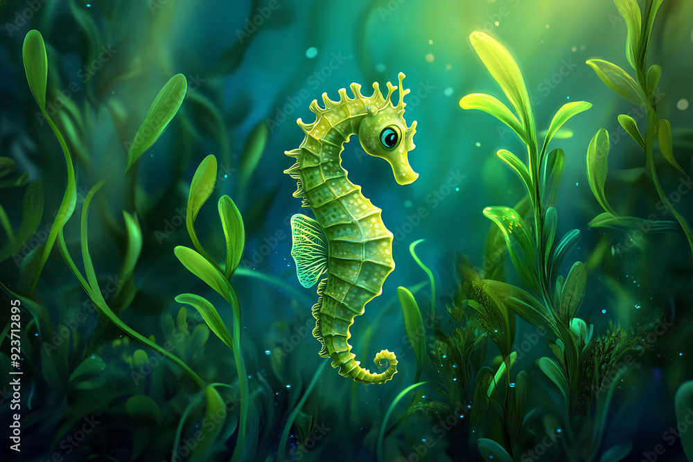 seahorse on a plant in natural underwater habitat, cartoon style, 3d rendering, generative ai seahorse on a plant in natural underwater habitat, cartoon style, 3d rendering, generative ai