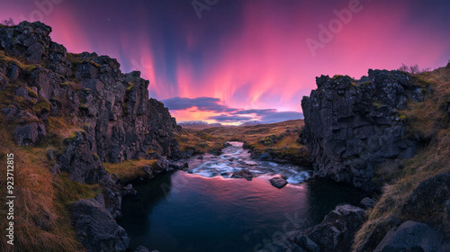 A pink aurora borealis over a rugged river gorge, located in Thingvellir, Iceland.