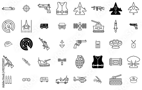 A Collection Of Military Isolated Silhouette Solid Icons With Gun,Army,Weapon,Military,War Pictograms And Infographics Design Elements Vector Illustration