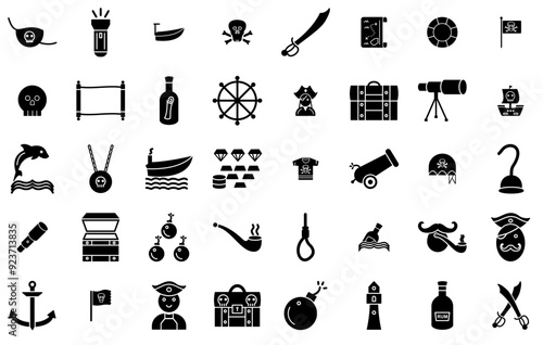 A Collection Of Pirate Vector Symbols Apps, Websites Ui Designs Suitable For Treasure,Security,Pirate,Ship,Bottle Vector Icons Illustration Collection