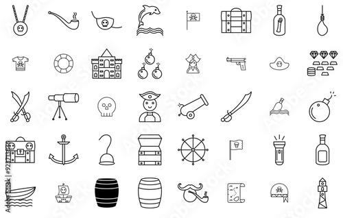 Set Of Linear Pirate Vector Symbols Apps, Websites Ui Designs Suitable For Treasure,Security,Pirate,Bottle,Ship Pictograms And Infographics Design Elements Vector Illustration