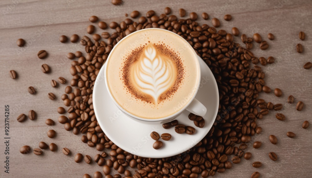 latte coffee with coffee beans sprinkled on the table_5 Generative AI latte coffee with coffee beans sprinkled on the table_5 Generative AI
