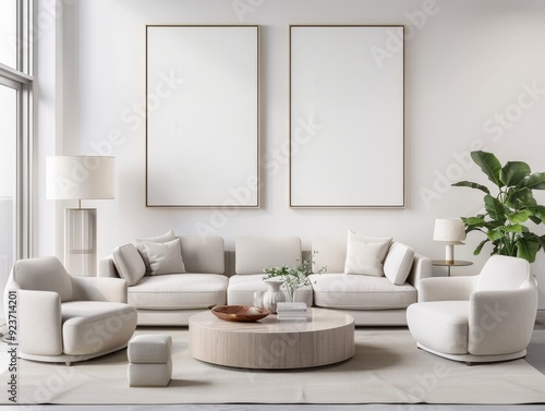 modern living room with two blank picture frames on the wall, soft lighting and neutral tones