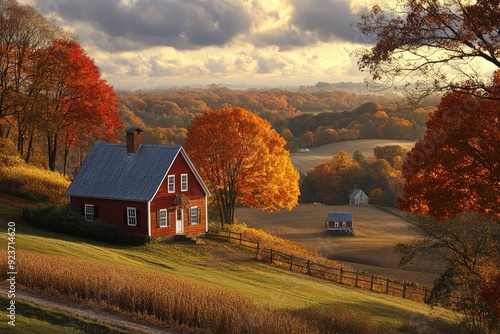 Red Farmhouse on a Hillside in Autumn with Fog and Golden Light