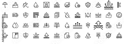 Set Of Linear Waterproof Icons Web Header Banner Design Containing Water,Rainproof,Fabric,Waterproof,Drop Outline Icons Collection. Simple Vector Illustration