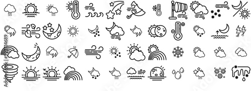 Set Of Linear Weather And Season Isolated Silhouette Solid Icons With Season,Cloud,Sun,Weather,Moon Vector Illustration Linear Pictogram Pack