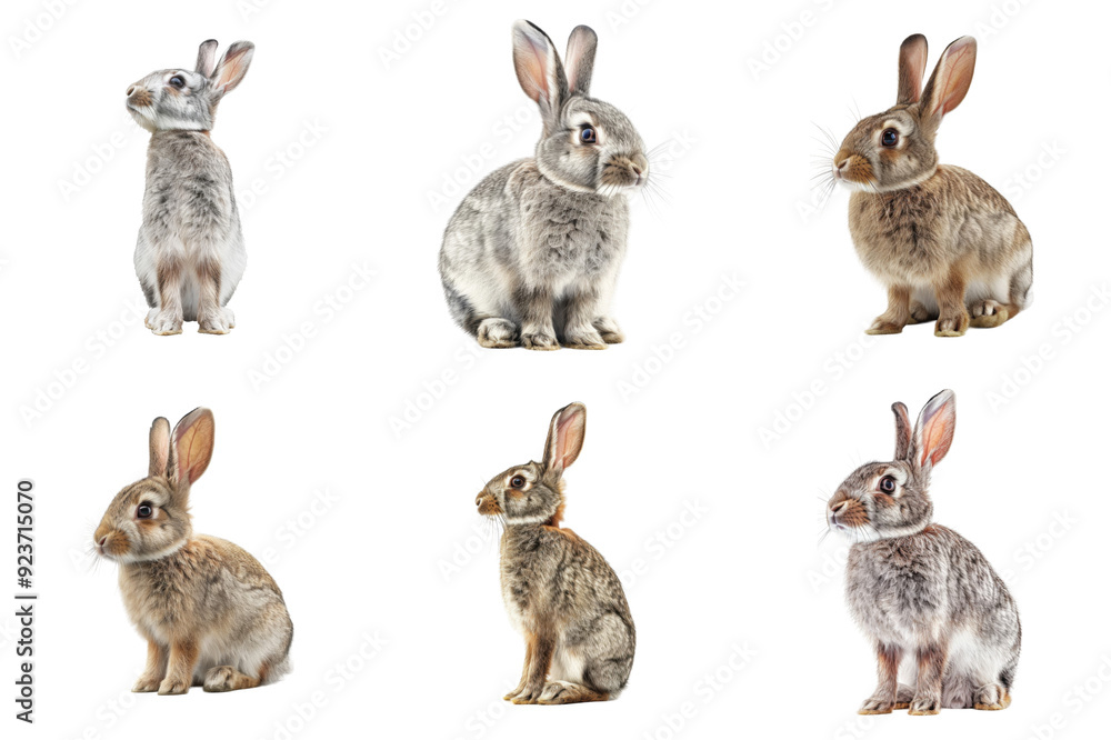 Six Grey Rabbits Sitting Against A White Background Six Grey Rabbits Sitting Against A White Background