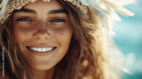 A free-spirited young woman with long hair and a woven hat smiles broadly at the beach. Her radiant happiness and carefree attitude are captured in a close-up shot.