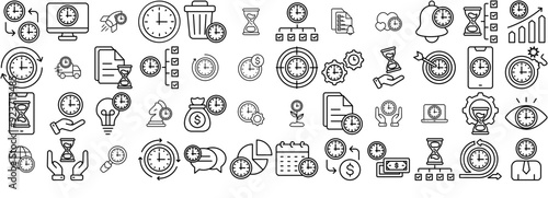 A Collection Of Time Management Vector Symbols Apps, Websites Ui Designs Suitable For Schedule,Timer,Time,Clock,Time-Management Vector Icon Set Linear Pictogram Pack