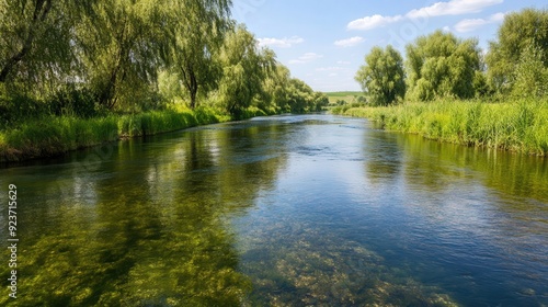Serene Riverbank Oasis, a vibrant green landscape featuring gracefully arching willows above tranquil waters, creating a peaceful and inviting natural retreat.
