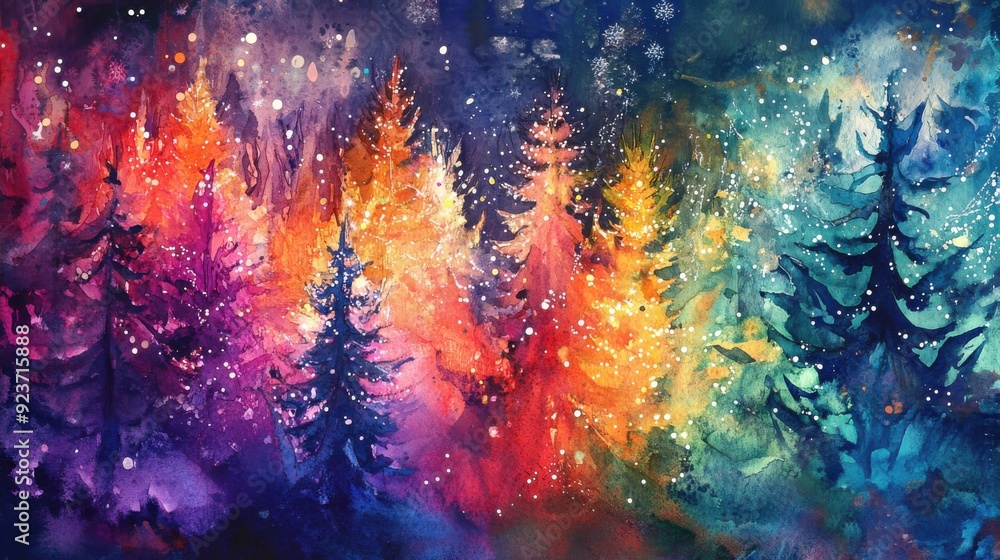 Naklejka premium Christmas trees in the forest with colorful lights, watercolor style.