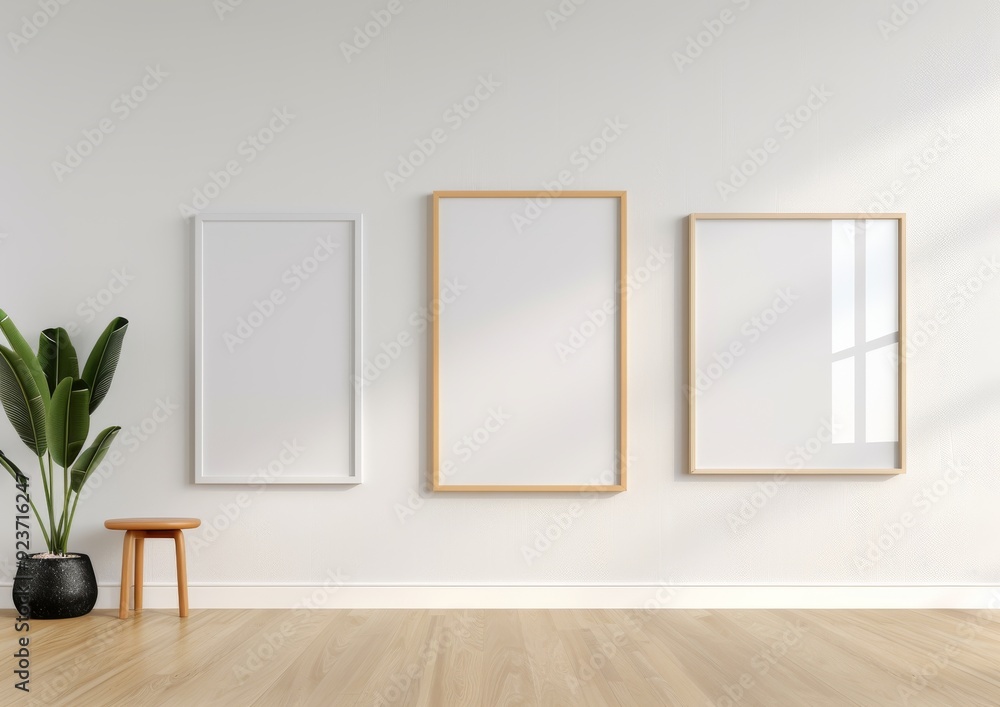 mockup of three blank wooden frames on the wall above the bed in the bedroom, with a soft beige and white mockup of three blank wooden frames on the wall above the bed in the bedroom, with a soft beige and white