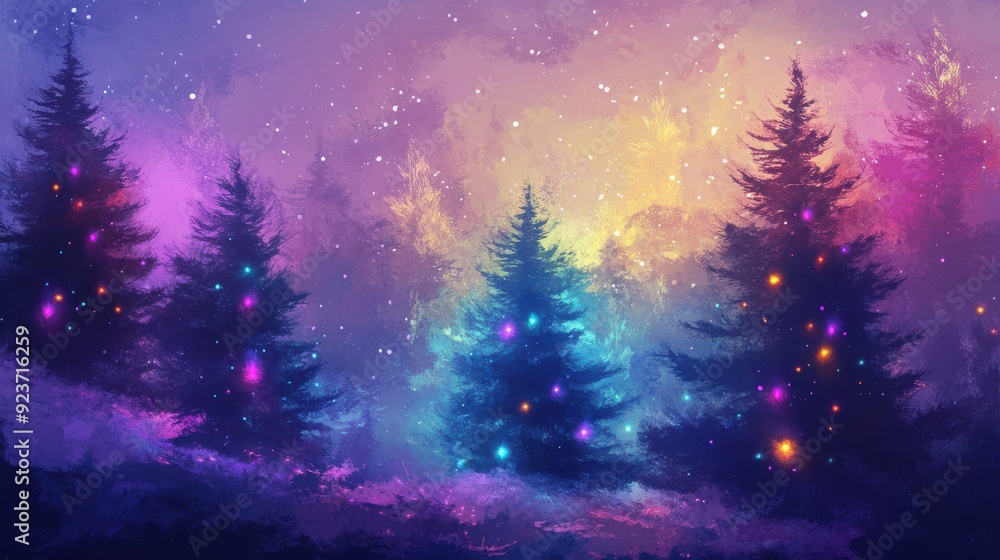 Fototapeta premium Christmas trees in the forest with colorful lights, watercolor style.